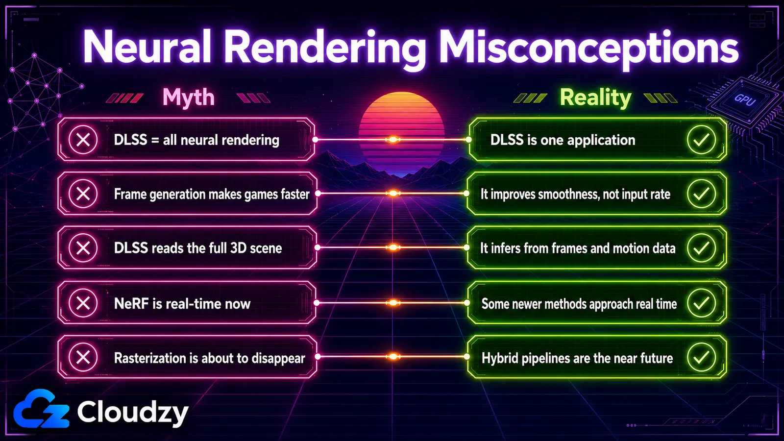 Visual summary of five common neural rendering misconceptions and the clarifications that resolve each one