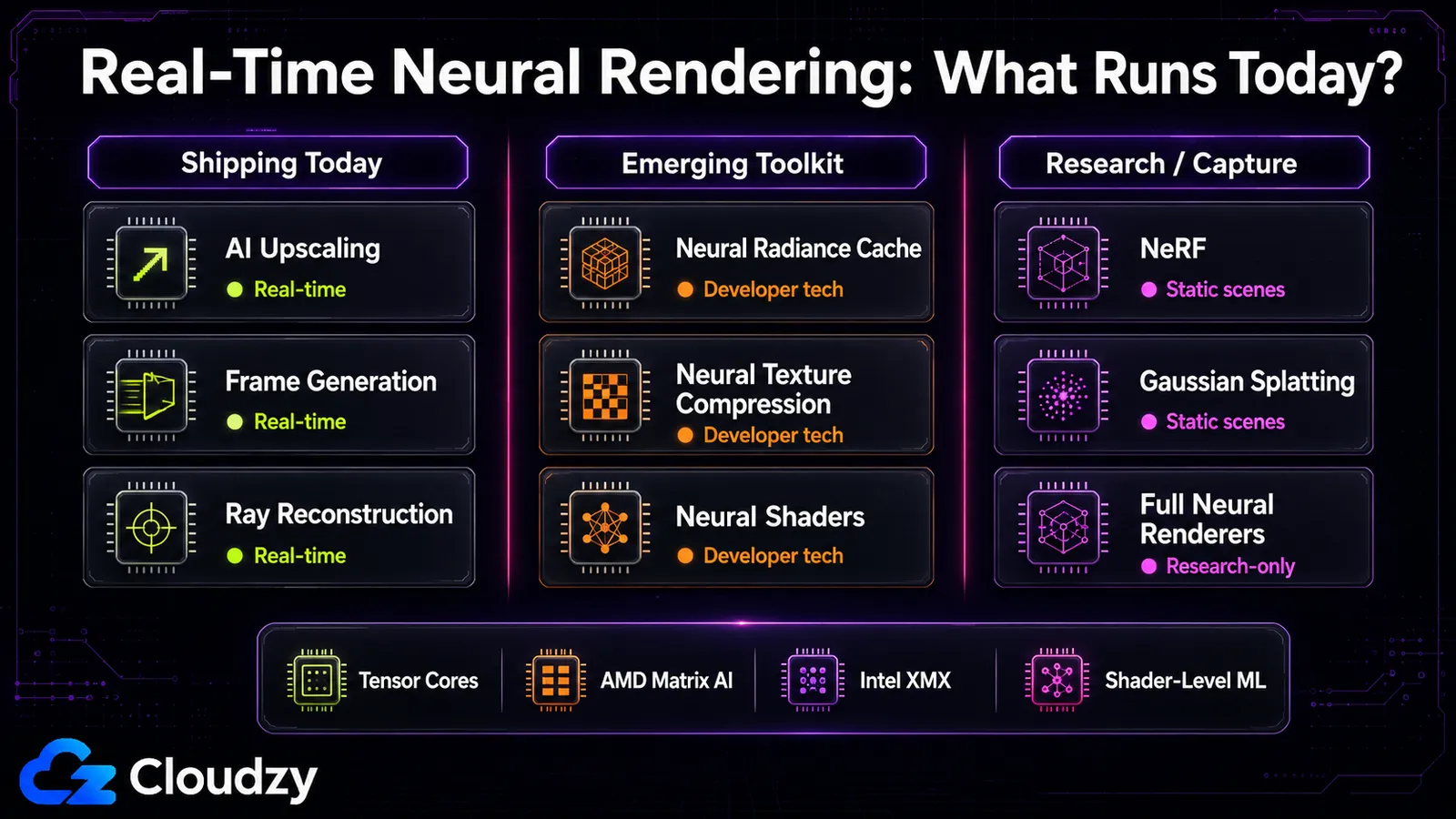Chart showing real-time viability of neural rendering techniques by hardware requirement, from shipping game features to research-only full neural renderers