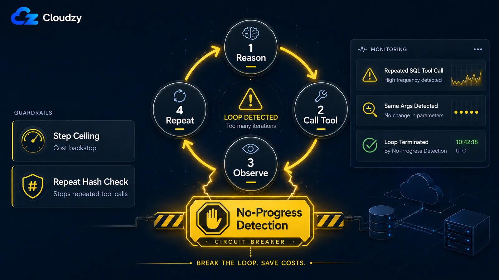 Diagram of an AI agent loop with guardrails: a Step Ceiling cost backstop and a Repeat Hash Check for no-progress detection, with a Circuit Breaker labeled No-Progress Detection at the bottom.