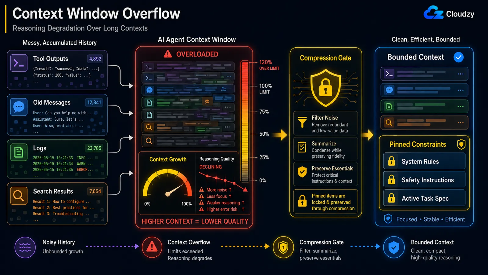 Flowchart showing how messy accumulated history (tool outputs, old messages, logs, search results) causes context overflow and declining reasoning quality, then passes through a Compression Gate that filters noise, summarizes, and preserves pinned constraints (System Rules, Safety Instructions, Active Task Spec) to produce a clean bounded context.
