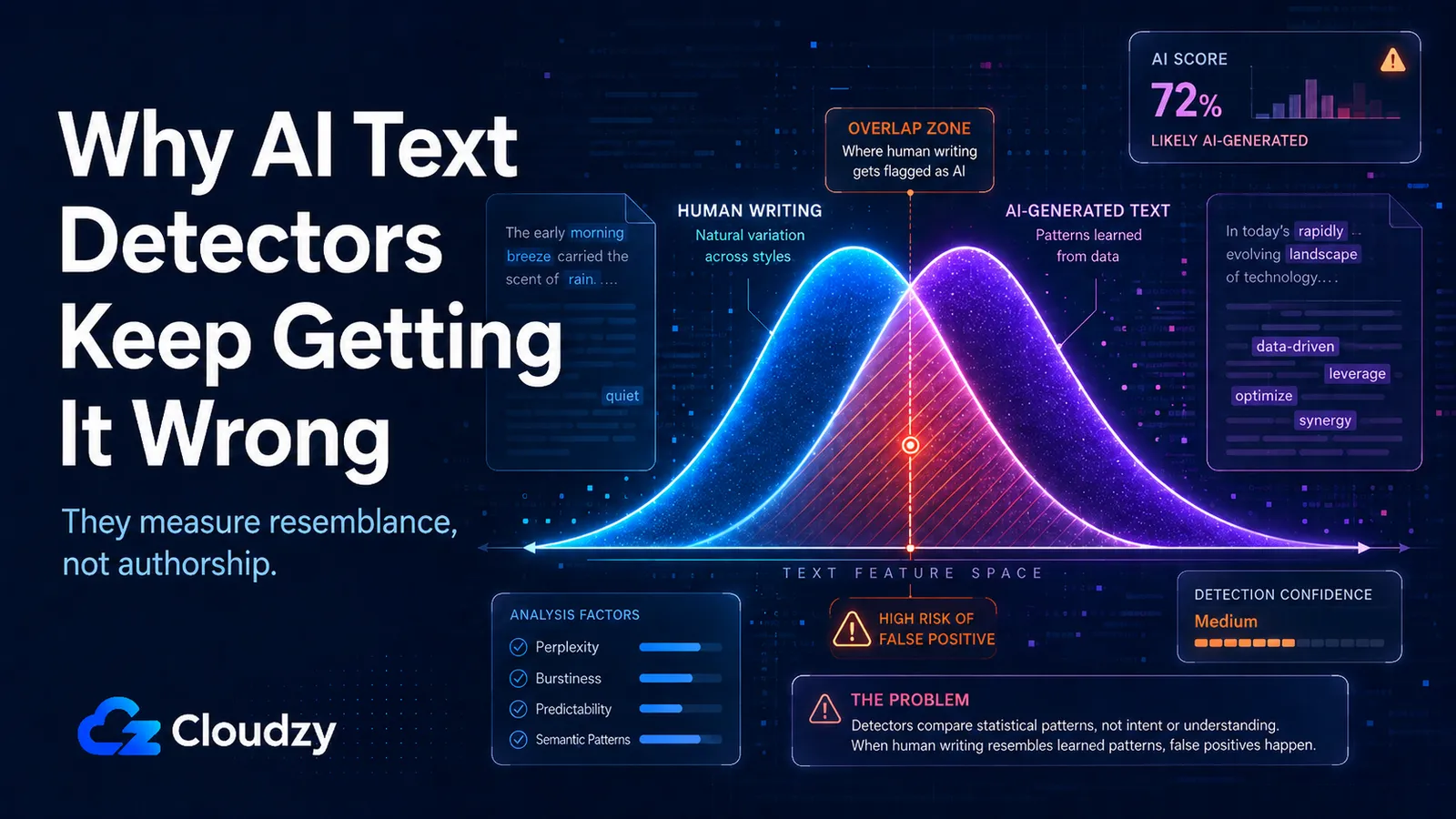 Two overlapping probability distributions showing why AI detector false positives come from the overlap between human and AI writing