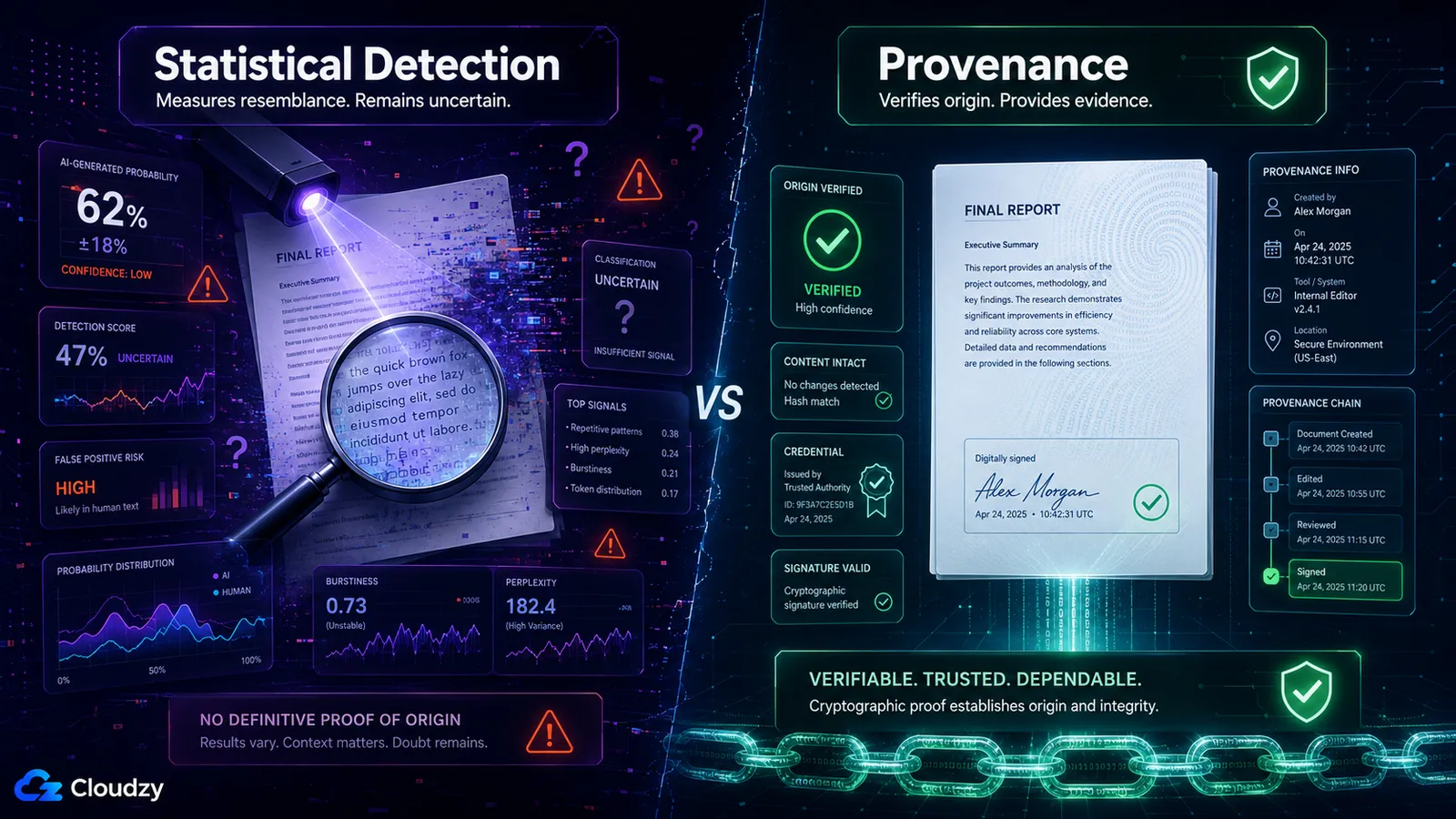 Statistical AI detection guesses at origin after the fact, while provenance approaches like SynthID watermarking and C2PA content credentials record origin at generation time